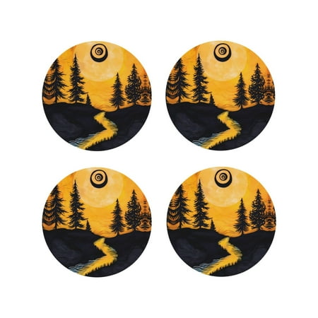 

Leather Coasters with Heat-resistant for Drinks Sunset River Pine Trees -标题2 Round Shape
