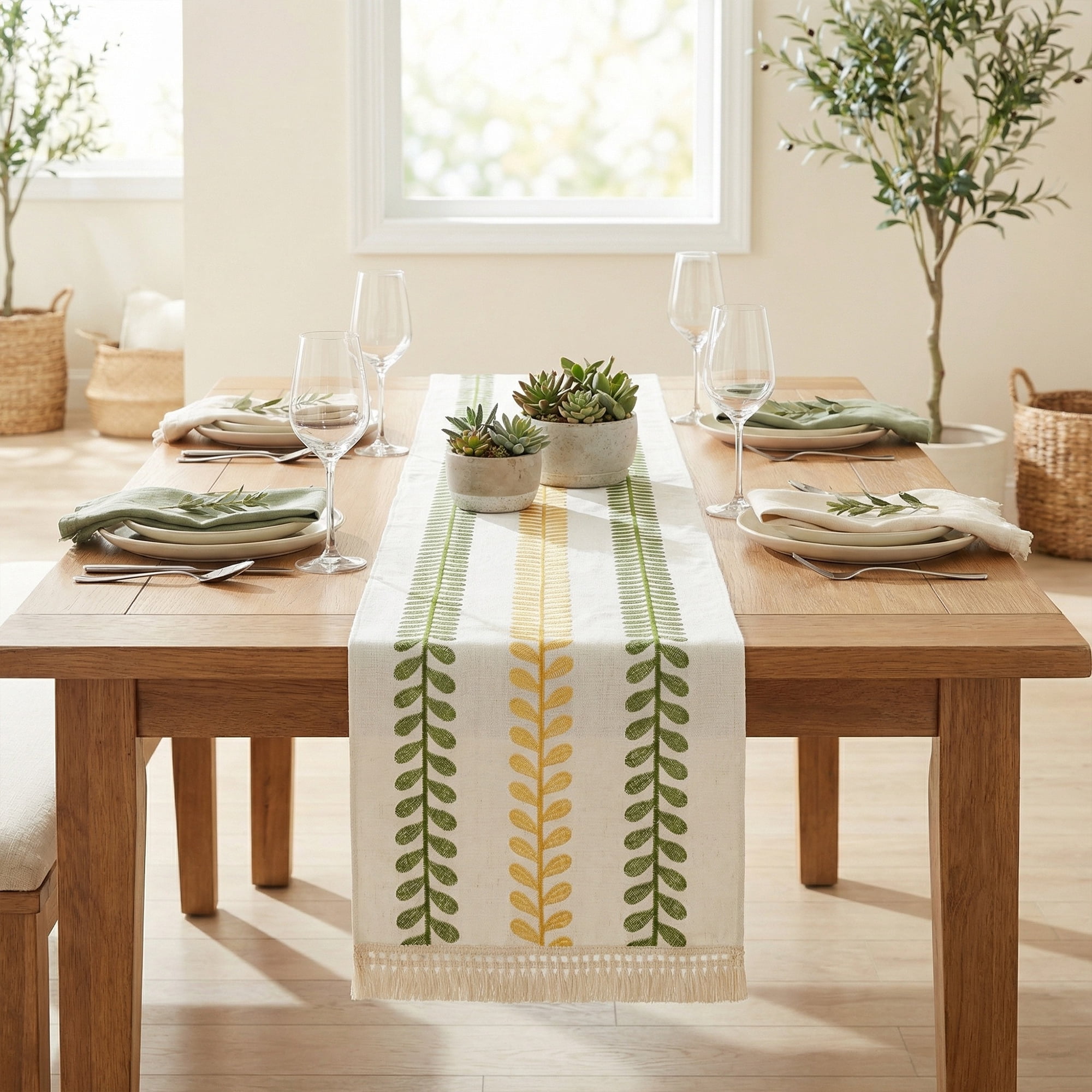 Unique Bargains Polyester Floral with Tassel Table Runner for Kitchen Green 15.4"x63"