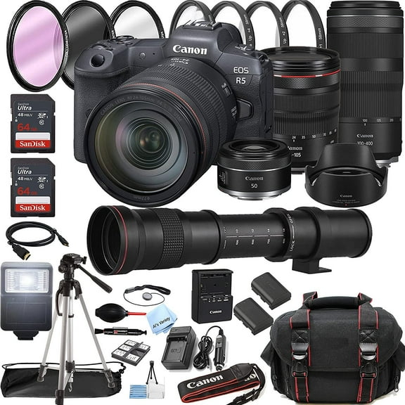 Canon EOS R5 Mirrorless Digital Camera with RF 24-105mm L is USM Lens   100-400mm Lens   50mm STM Lens  420-800mm Super Telephoto Lens   128GB Memory   Case   Tripod   Filters 45pc Bundle