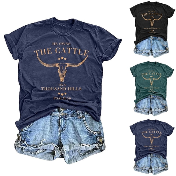 Xmyrz Western Shirts For Women Cowgirl Vintage Boho Bull Skull T Shirt Round Neck Short Sleeve Graphic Tees