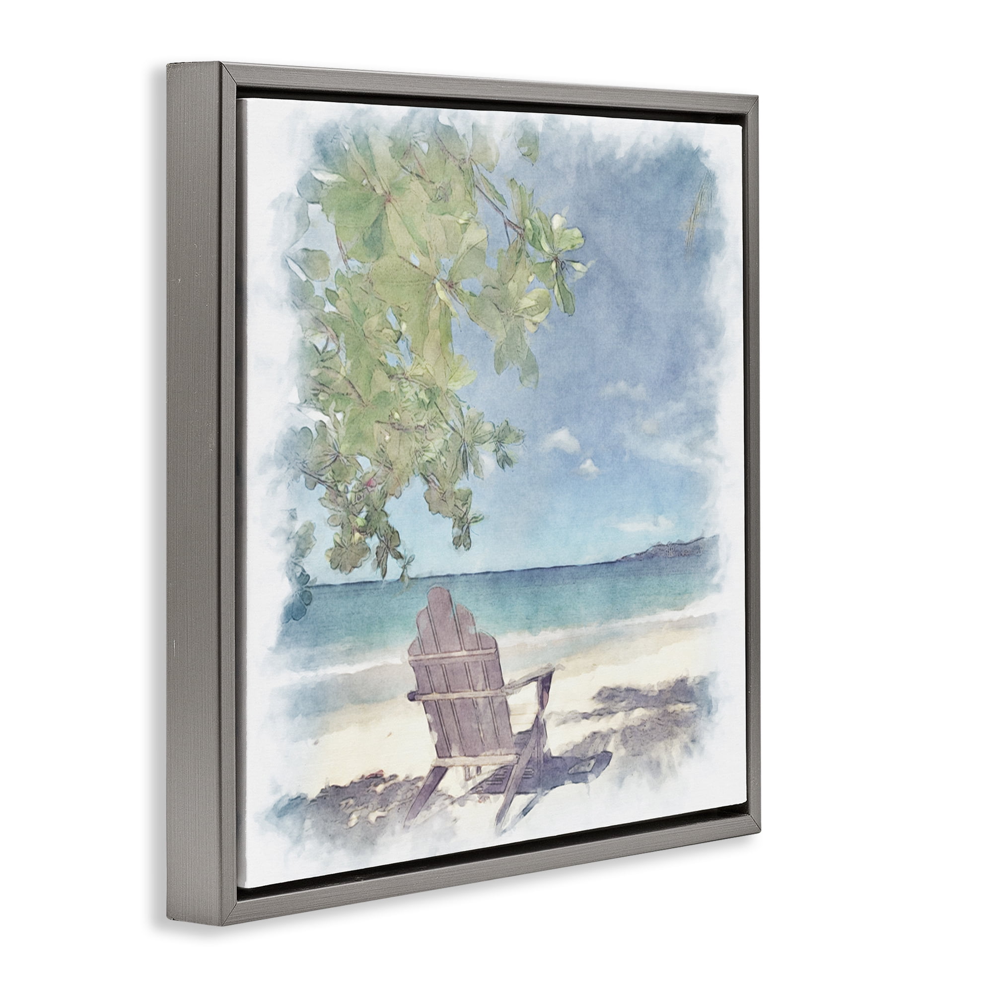 Stupell Industries Lone Chair Beach Shore Landscape & Nature Painting Gray Floater Framed Canvas Art Print Wall Art, 18 x 18
