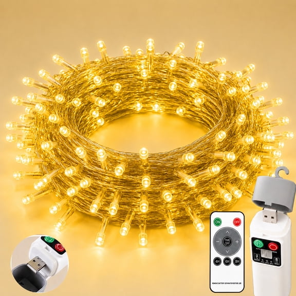 Rechargeable Christmas Lights,39.4FT 120 LED Fairy Lights, Battery Operated Twinkle Lights with Remote & Timer, USB Powered String Lights for Bedroom, Wedding, Party & Holiday Decoration, Warm White