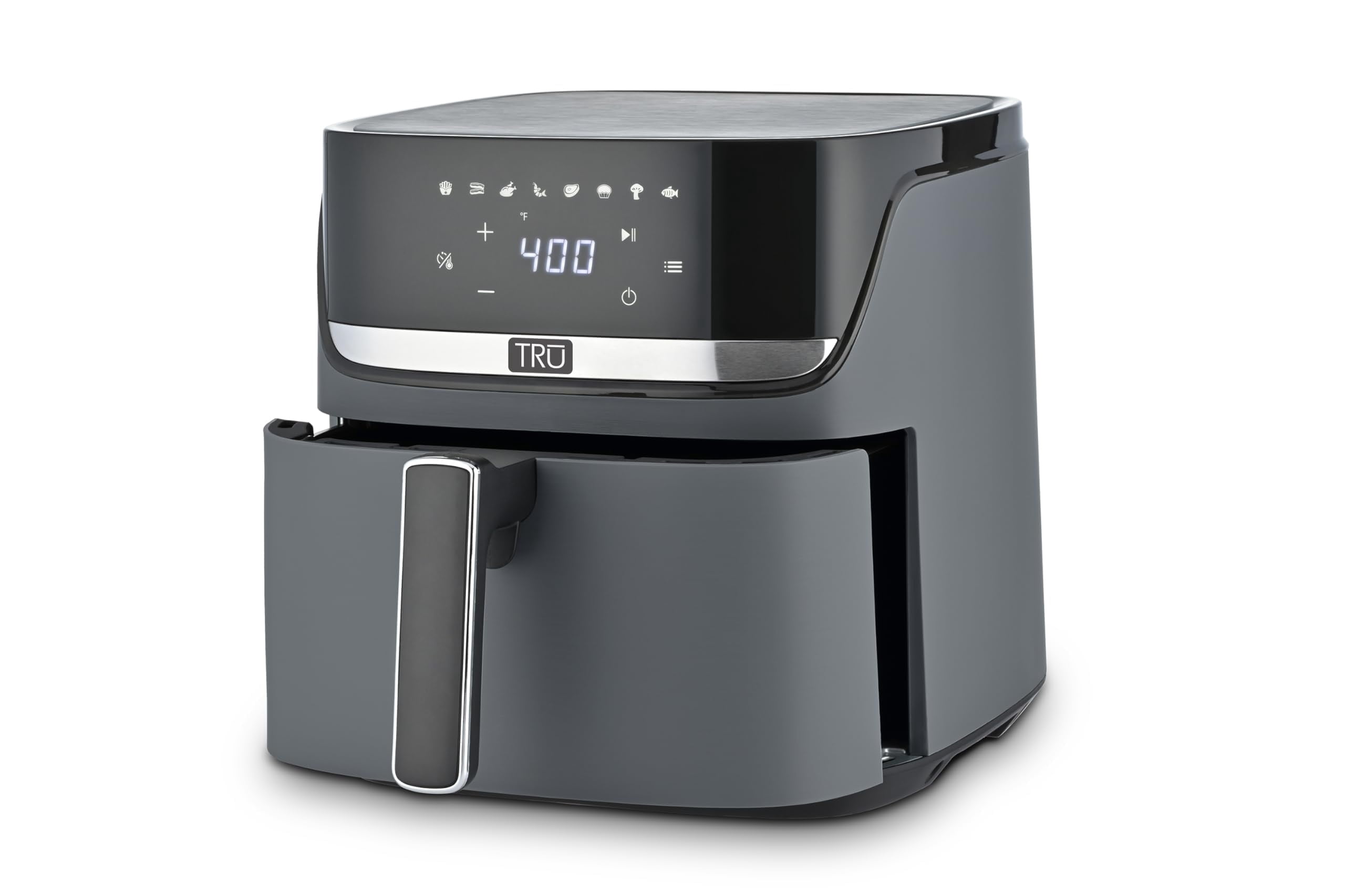 TRU 8-Quart Digital Air Fryer by Select Brands - Family Size, One-Touch Control, 8 Presets - Air Fry Chicken, Meat, Veggies, Fries - Nonstick Pot and Crisping Tray, Auto Shut Off, Matte Gray