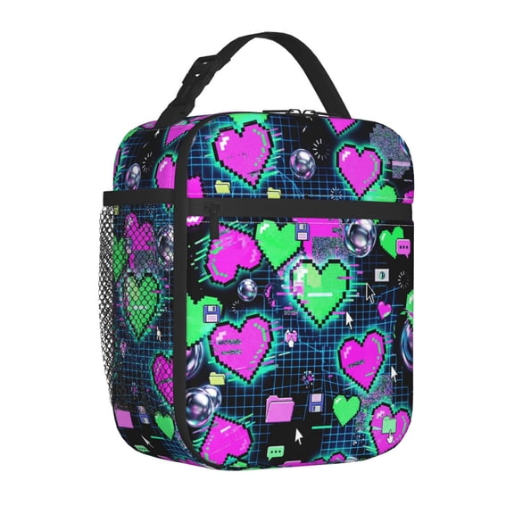 Love Heart Lunch Bag Insulated Reusable Cooler Tote Portable Meal Prep Bag Side Mesh Pocket Work Office Picnic