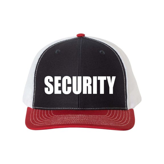Mens Security Cap Event Staff Embroidered Mesh Back Trucker Hat Cap-Navy/Red/White
