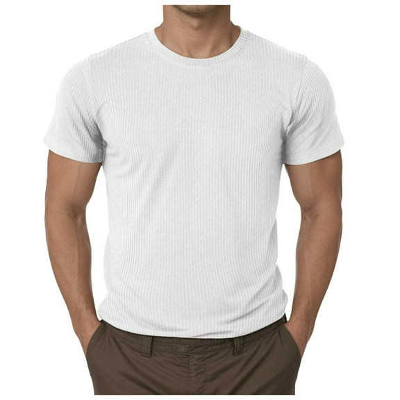 TANGQIOP T-Shirts for Men Short Sleeve Ribbed Knit Crew Neck Solid Color Slim Fit Athletic Quick Dry Moisture Wicking Breathable White XL