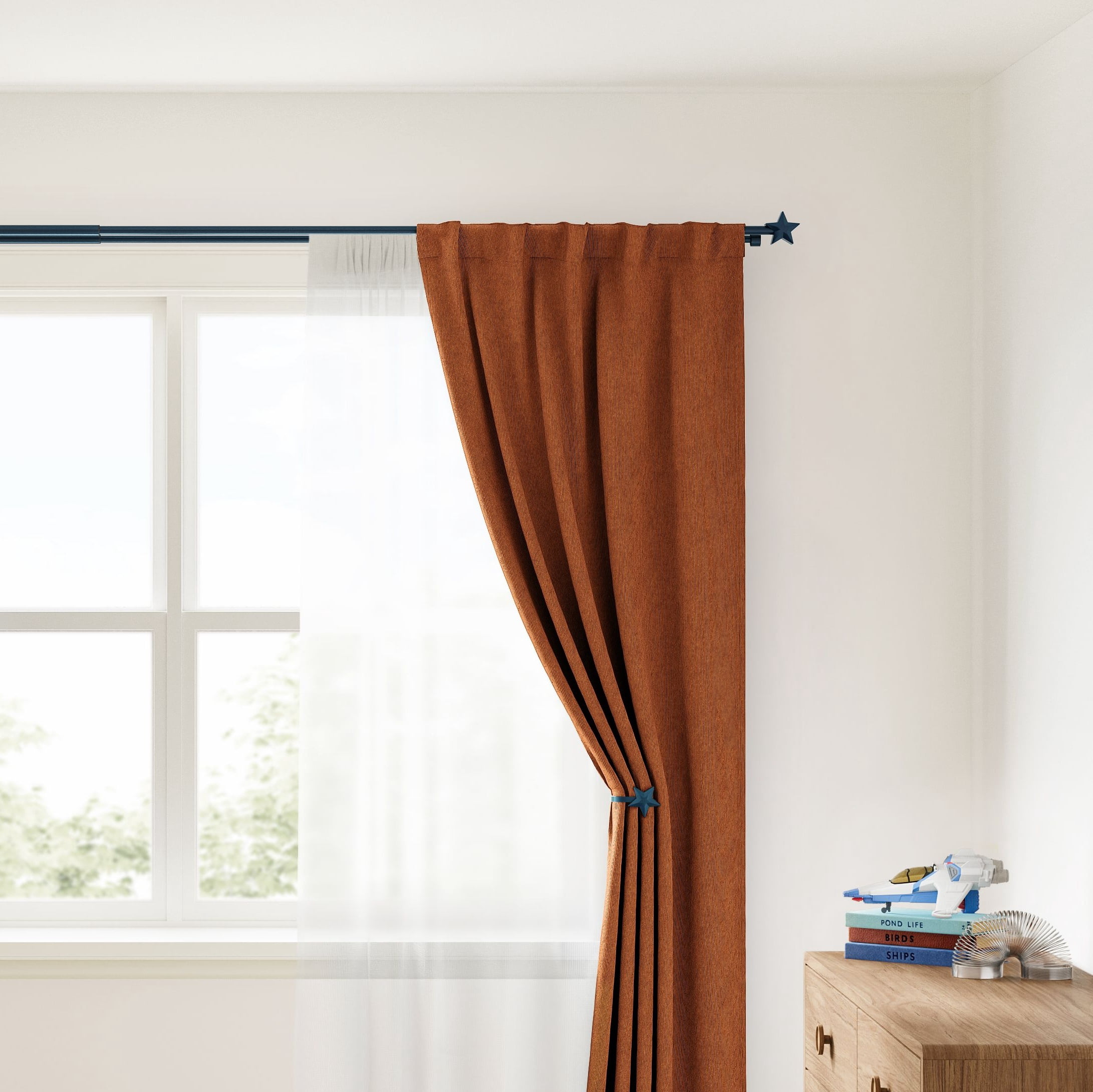 Mainstays Kids Adjustable Double Curtain Rod with Navy Blue Star Finials, 3/4 in, 28-48 in