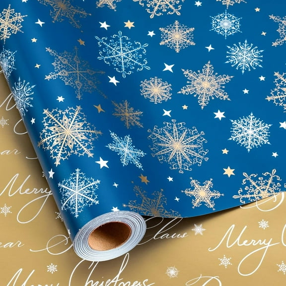 Reversible Blue Christmas Wrapping Paper,Gold Snowflake,Merry Christmas & Dear Santa Text Gift Wrap for Birthday Baby Shower Wedding Graduation Winter Festival - Mini Roll - 17 In x 32.8 Ft (46.5 sqf