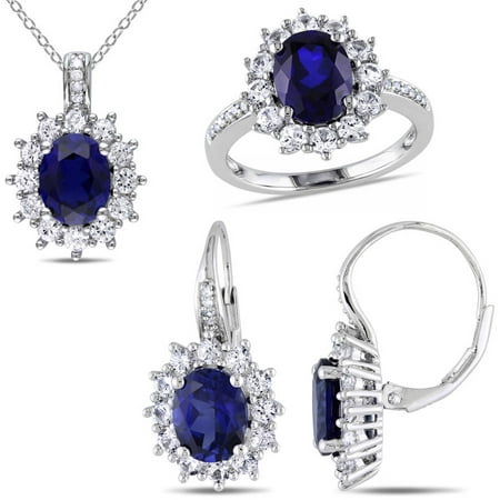 Tangelo 16-1/8 Carat T.G.W. Created Blue and Created White Sapphire and Diamond-Accent Sterling Silver Halo Earrings, Pendant and Ring Set, 18