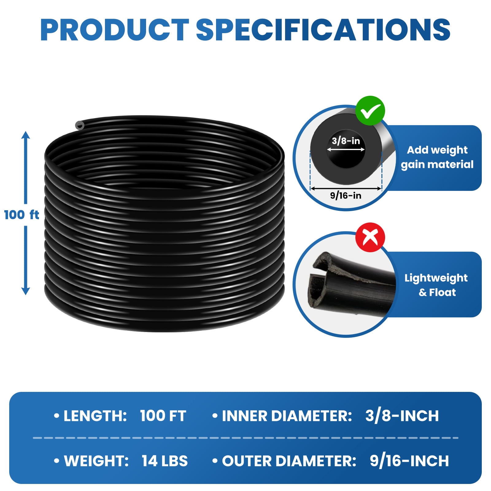 100 ft Pond Aerator Hose, 3/8 Inch Sprinkler Soaker Hose, Air Line Tubing Aquarium with 4 Stainless Steel Hose Clamps and 4 Copper Menders for Indoor Ponds, Aquariums