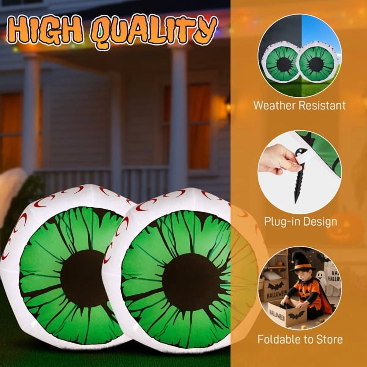 2-Pack 3FT Halloween Inflatable Light-Up Eyeballs, Weather-Resistant Polyester, Quick Inflation for Yard/Porch/Party