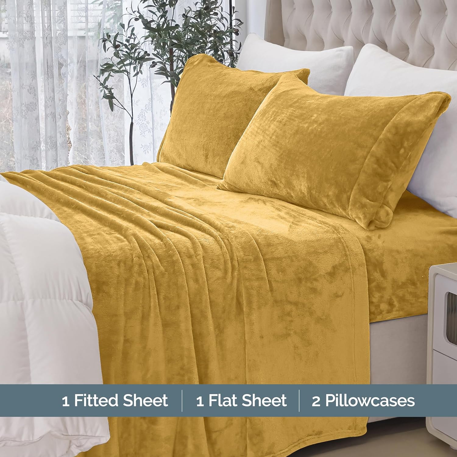 Non Pilling Fuzzy Velvet Flannel Fleece Deep Pocket Sheet Set - King, Gold