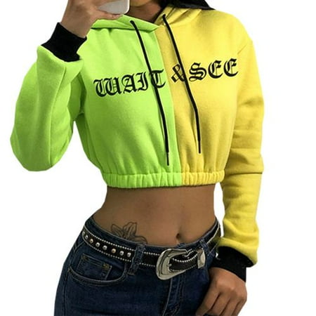 Gothic Adult Sweatshirt - Fancyleo Fluorescence Green And Yellow Patchwork Cropped Hoodies Women Gothic Letter Printed Cropped Hooded Sweatshirt Pullover Tops