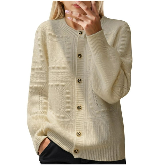 Women's Cable Knit Long Sleeve Open Front Cardigan Casual Crew Neck Button Down Sweater Coat Outwear