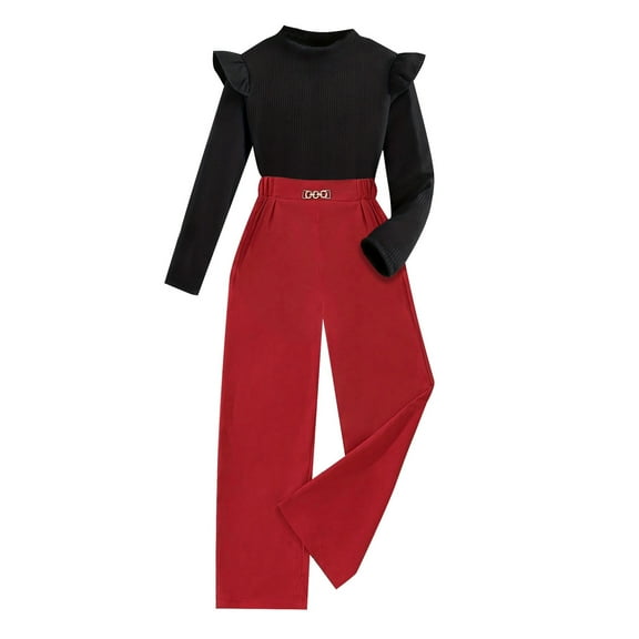 Girls Outfits Size 14-16 Girls Round Neck Solid Color Long Sleeve Top Red Wide Leg Casual Pants Suit Fall Kids 2 Piece Set Girls