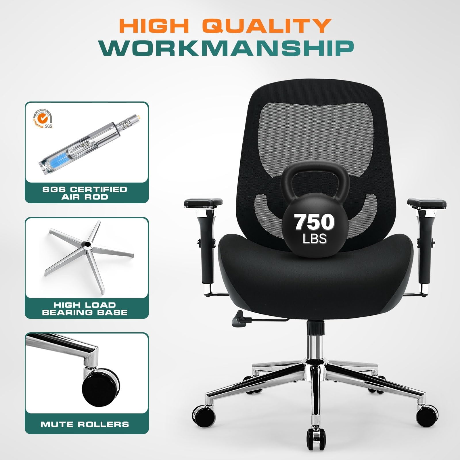 Big and Tall Office Chair, Wide Seat Ergonomic Mesh Desk Chair with 4D Adjustable Armrests, Lumbar Support, Heavy Duty Computer Chair for Adults, 750 lbs Capacity