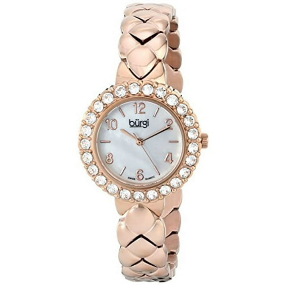 Women's BUR113RG Crystal Accented Rose Gold Swiss Quartz Watch with White Mother of Pearl Dial and Rose Gold Bracelet