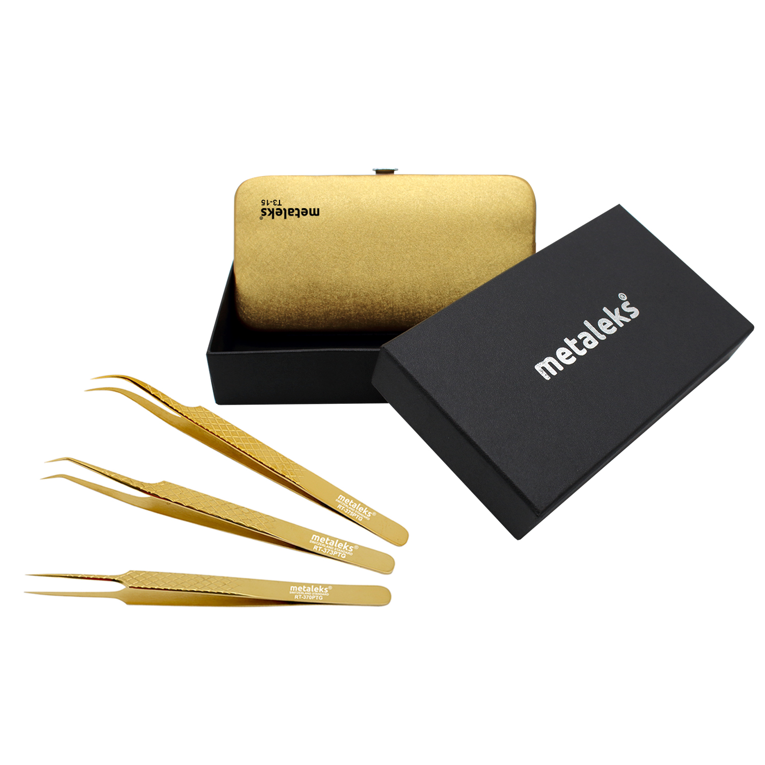 14cm - Texture Surface Grip - Professional Eyelash Extension Tweezers - Japanese Stainless Steel - Golden Titanium Coated With Magnetic Kit