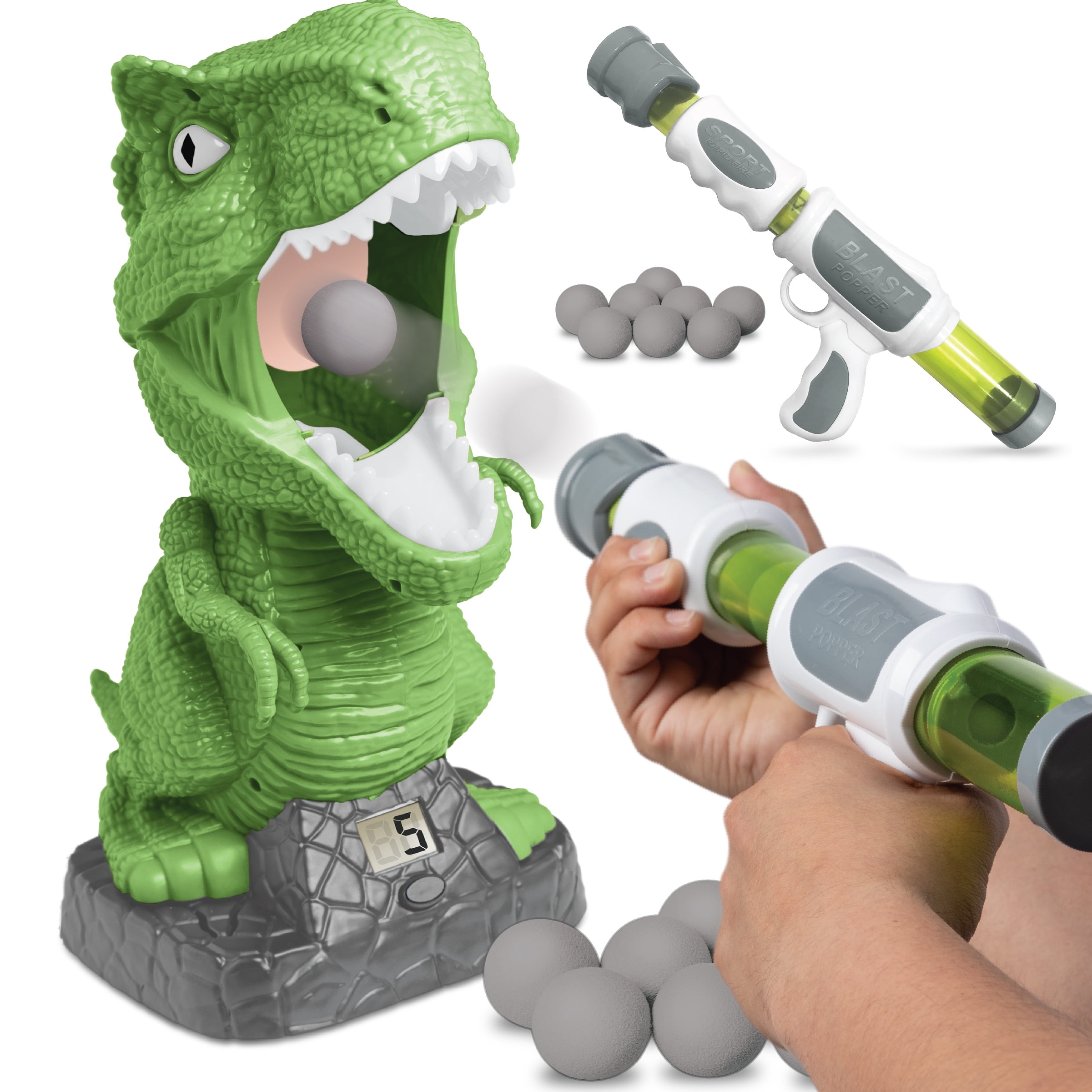 Discovery Kids Hungry T Rex Feeding Game Carnival Style Shooting Competition For Kids 8 Indoor Safe Foam Balls With Air Launcher Electronic Lcd Screen With Lever Tongue Great For Ages 6 Up