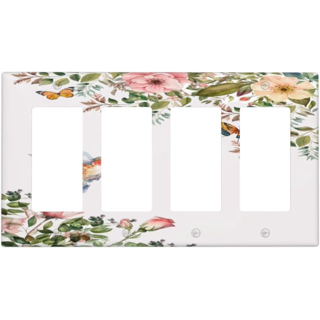 Bird Floral Green Leaves Hummingbird Quad Rocker Light Switch Plates Outlet Covers Decorative Electrical Wall Plate Receptacle Switchplate Decorate Plug Cover For Bathroom Kitchen 8 * 4.5 Inch