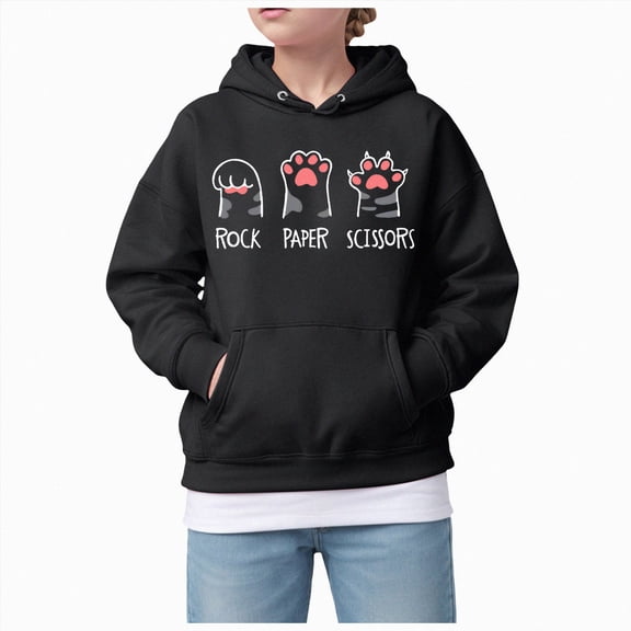 BOBOGOJP Rock Paper Scissors Hoodies for Teen Girls Cats Paw Graphic Oversized Sweatshirt Long Sleeve Aesthetic Preppy Clothes Black,Size 4-5 Years