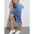 thumbnail image 5 of Womens Light Wash Stretch Denim Midi Skirt With Front Slit, 5 of 10