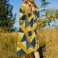 thumbnail image 5 of Abstract Yellow Blue Geometric Pattern Women's 3/4 Sleeve Dresses Elegant A-Line Midi Dress Flare Summer Casual Sundress, 5 of 9