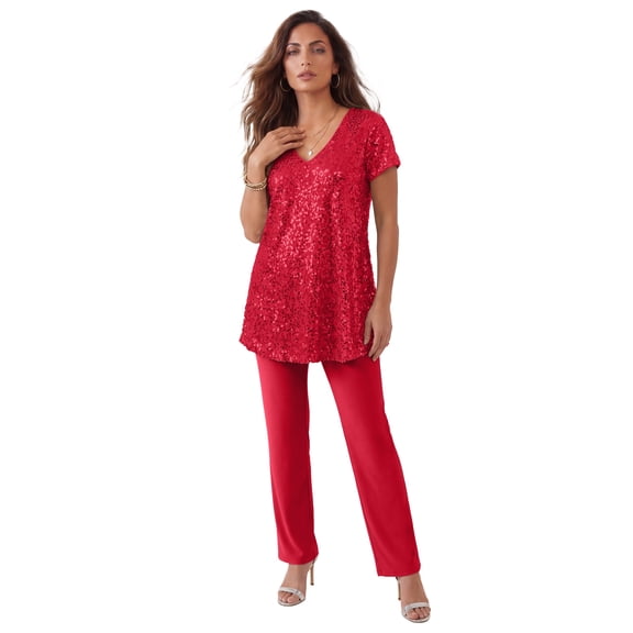 Roaman's Women's Plus Size Petite Plus-Size 2 Piece S/S Sequin Top And Pant Set