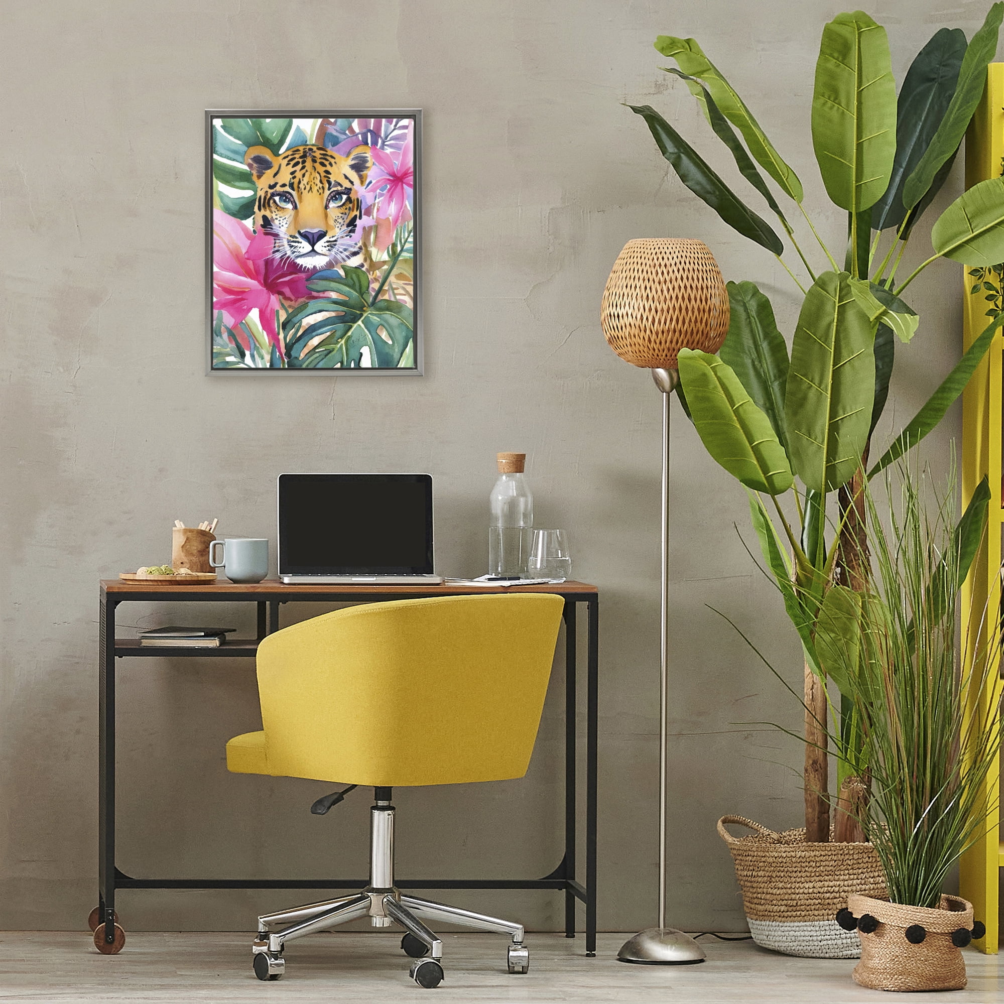 Stupell Industries Tropical Tiger Peeking Gray Framed Floater Canvas Wall Art, design by Shelly Craig