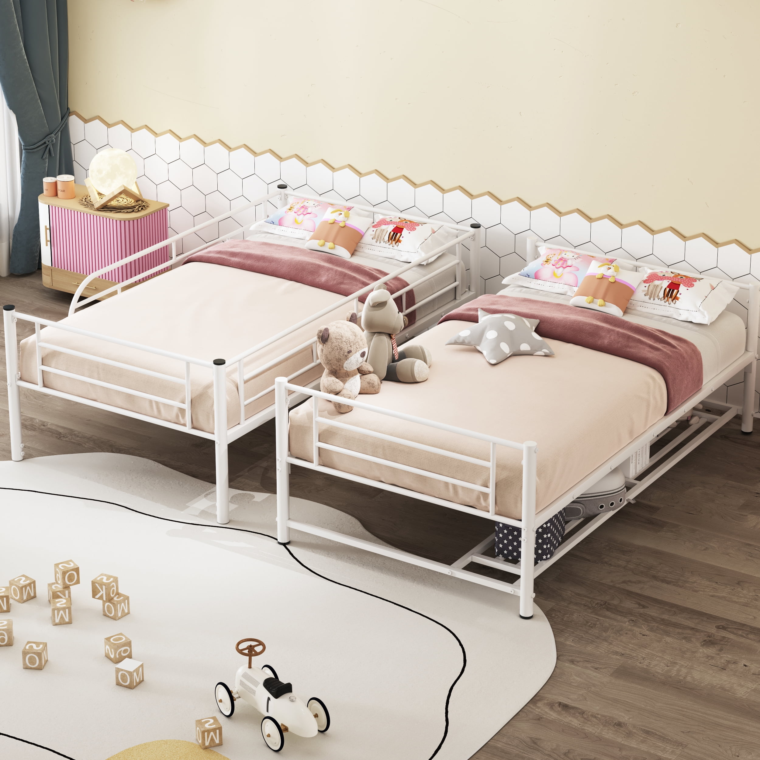 Aukfa Twin-Over-Twin Bunk Bed, Heavy Duty Metal Convertible into Two Platform Beds for Kids Teens Dorm - White