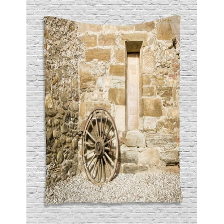 Barn Wood Wagon Wheel Tapestry Ancient Rural Facade With Old