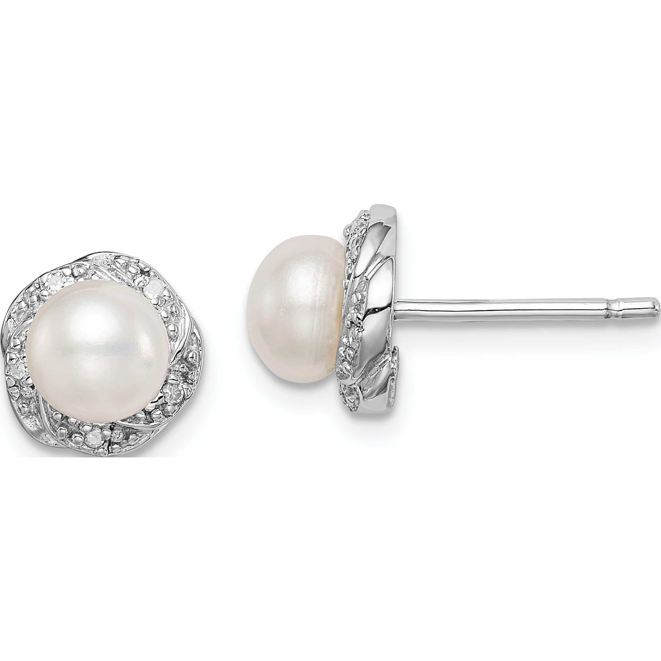 Sterling Silver Rhodium Fw Cultured Pearl & Diamond Post Earrings (8 X ...