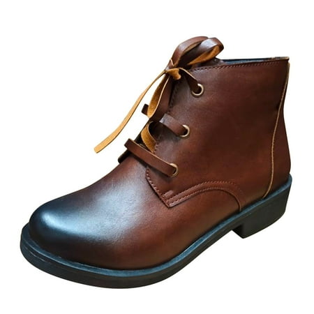 

Retro Women Leisure Solid Color Square Heels Lace Up Short Booties Round Toe Shoes