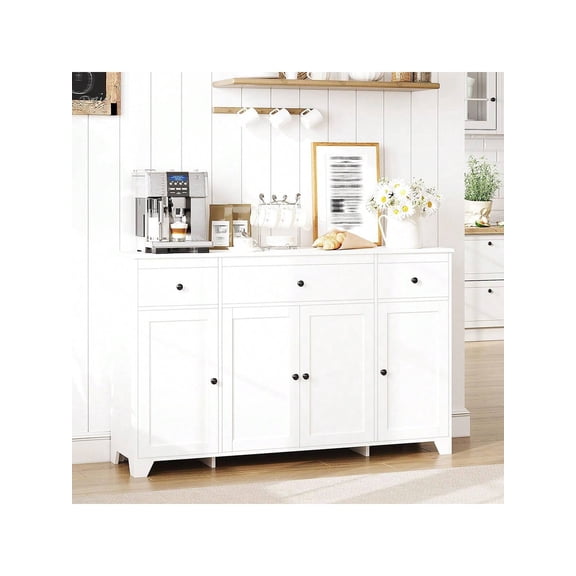White 55"55inch Large Sideboard Buffet, Farmhouse Coffee Bar Cupboard Buffet Cabinet Storage With Adjustable Shelves And 2 Drawers For Kitchen Dining Living Room