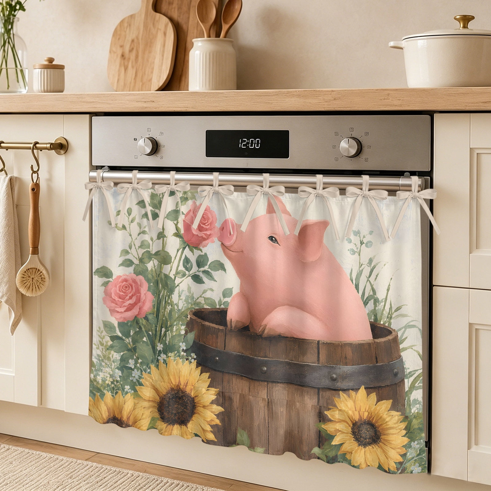 Pink Pig Oven Skirt Curtain Summer Garden Pink Pigs Roses Sunflower Farm Life Country Tie Top Tier Curtains Stove Dishwasher Skirt Small Window Drapes for Kitchen Bathroom Cafe 32 x24