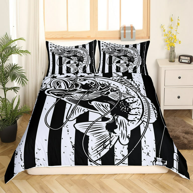American Flag Fishing Bedding Set Vintage Fishing Pole Comforter Cover for  Boys Man,Ocean Fish Duvet Cover Fishing Gear Angling Twin Bed Set,Black and