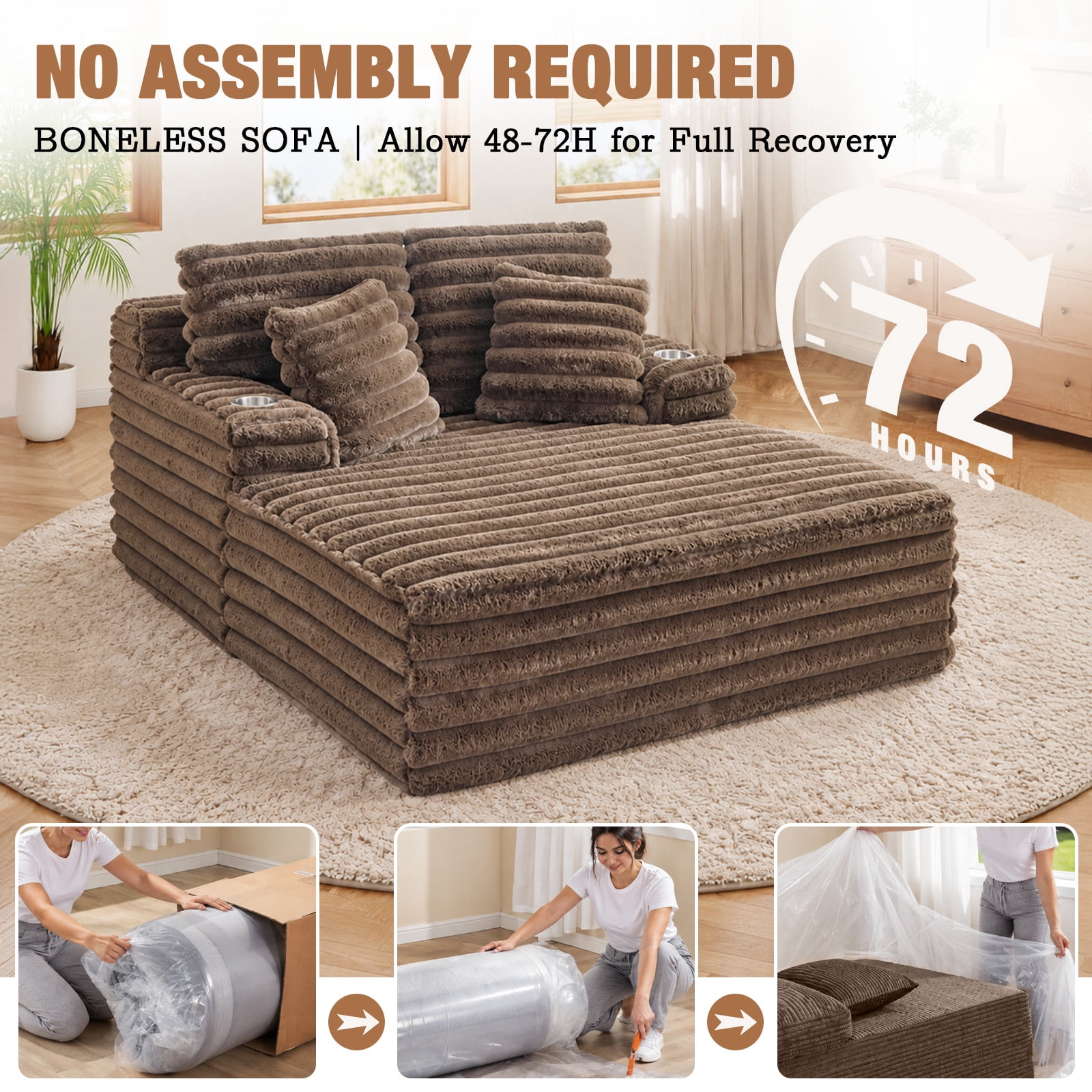 Lunale Oversized Chaise Lounge Chair Indoor Furniture, Boneless Cloud Couch with Cup Holders, Faux Fur Accent Chair for Living Room, Brown