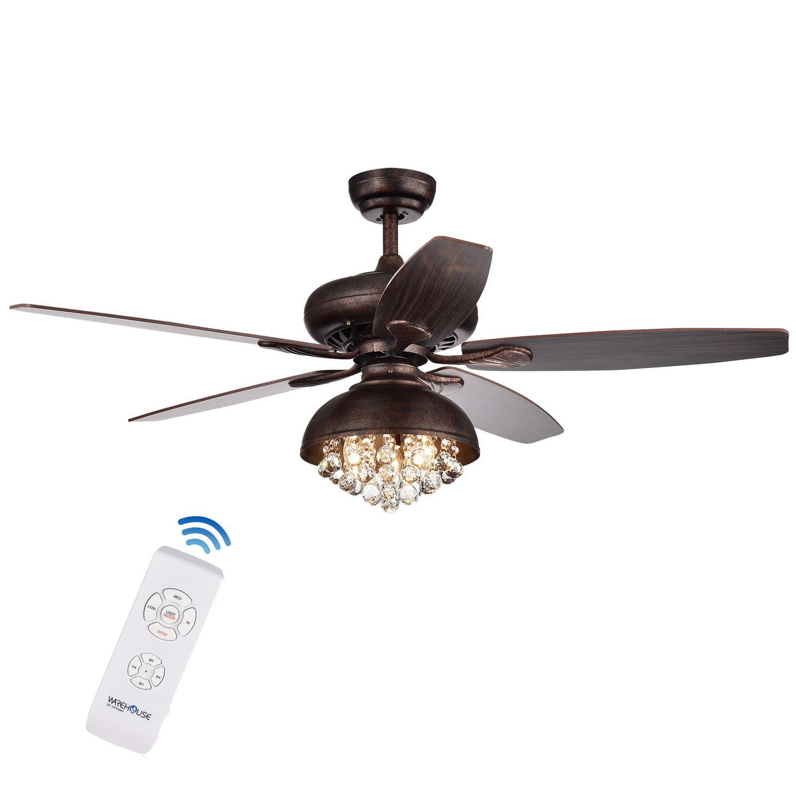 Fredix 5-Blade 52-Inch Speckled Bronze Ceiling Fan with Hooded Crystal Chandelier (Remote Controlled & 2 Color Option Blades)