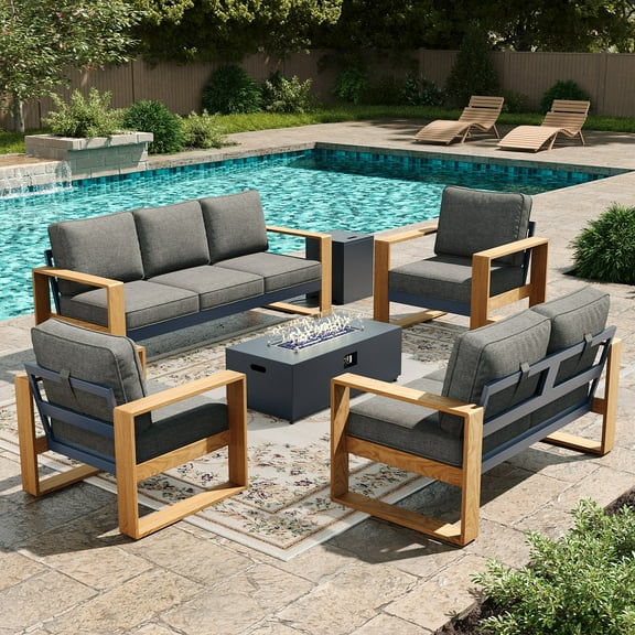 LayinSun 5 Pieces Aluminum Patio Furniture Set with Fire Pit Table, Oversized Seat with Hight Back, Outdoor Conversation Sets for Porch, Balcony, Deck