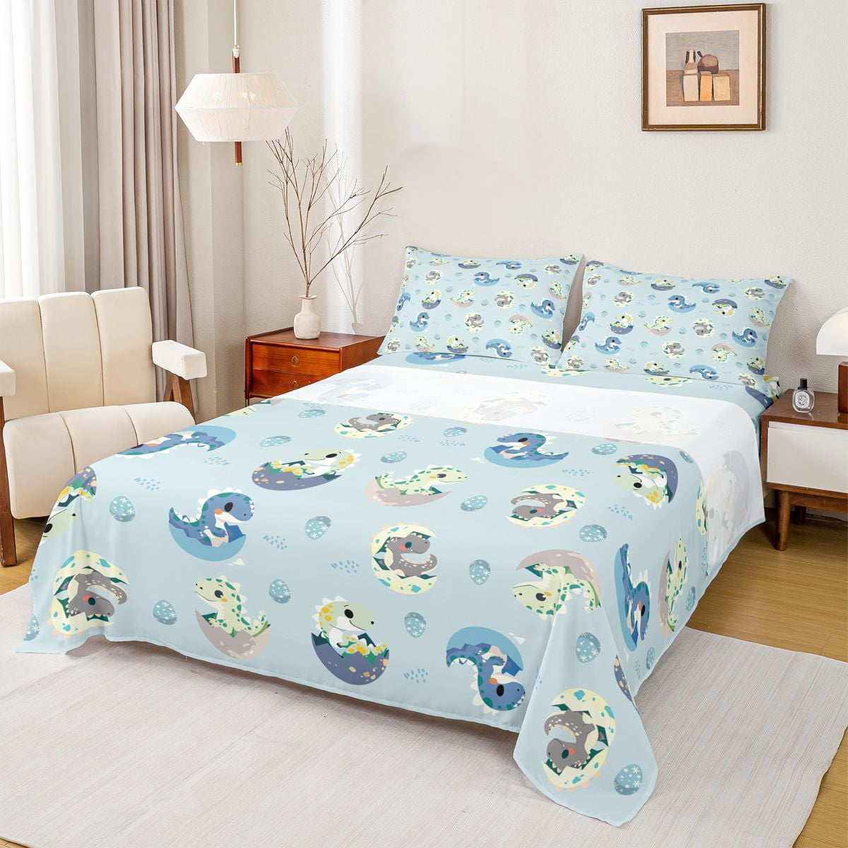 Homewish Colorful Wild Dino Twin Sheet Sets Cartoon Dinosaur Egg Twin Fitted Sheet Blue Green Flat Sheet For Boys Teens Ultra Soft Home Decor 3-Piece