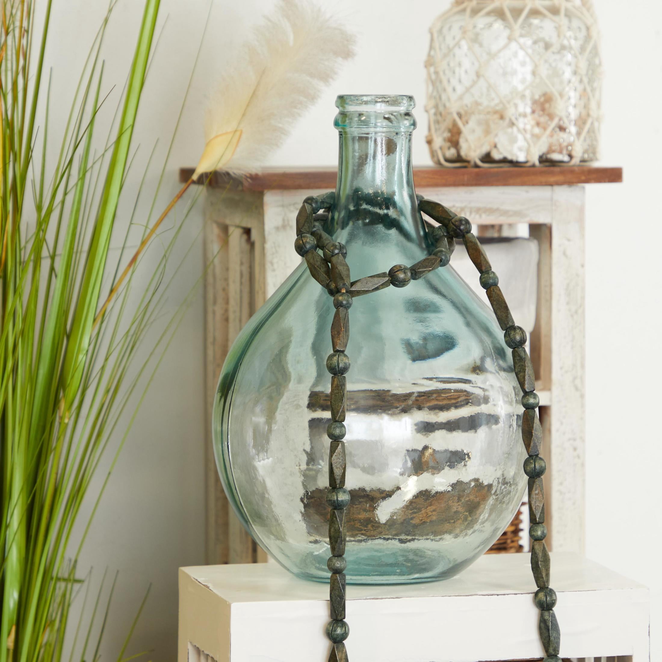 DecMode Teal Recycled Glass Handmade Spanish Bottle Neck Decorative Vase, 11" x 11" x 17"