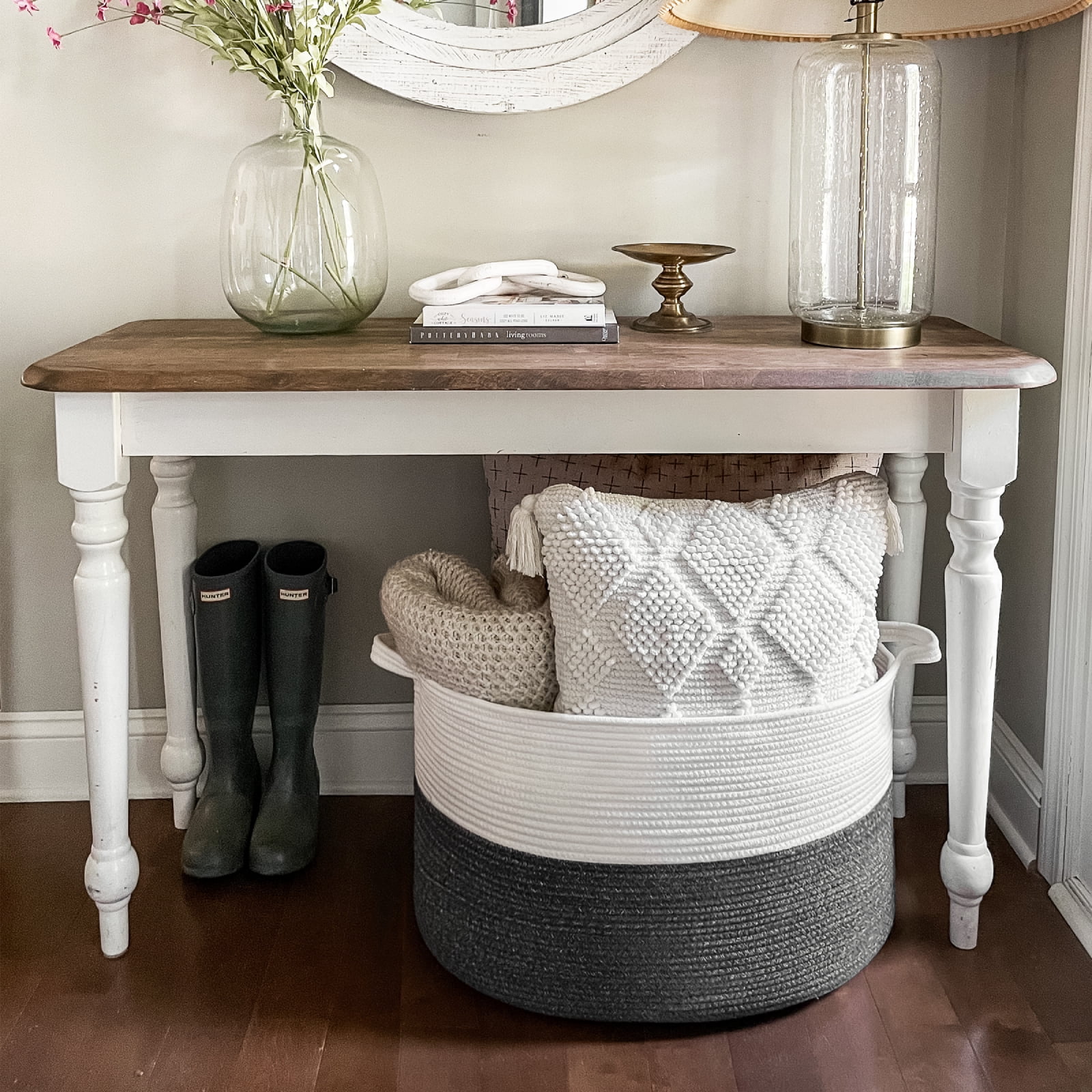 Timeyard Large Woven Laundry Hamper Basket - Decorative Storage Organizer for Living Room, Holds Toys Pillows Blankets Clothes - 21.7" x 21.7" x 13.8"-gray