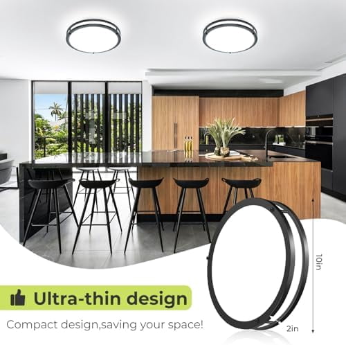 Hepside Flush Mount LED Ceiling Light with Remote, Dimmable 3000K-6500K Adjustable Ceiling Light Fixture, Timer, Night Light, 10 inch Black Ceiling Lamps for Kitchen Bathroom Bedroom Hallway, Black