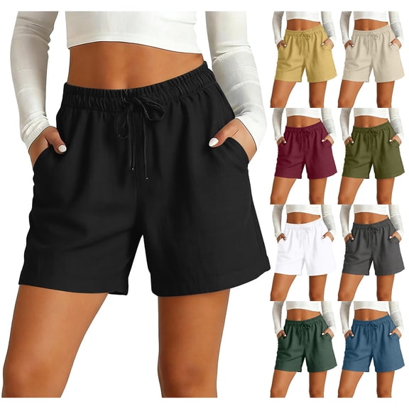 Delayuji Women's Short Solid Color Loose Breathable Elastic Tie Up Cotton Linen Shorts For Women Summer