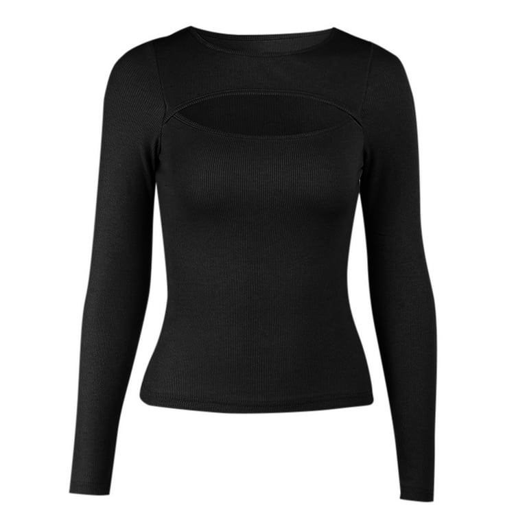 iOPQO long sleeve shirts for women Women Autumn Chest Cutout Long-sleeved  Ribbed Tops Women Casual Tops Black L 