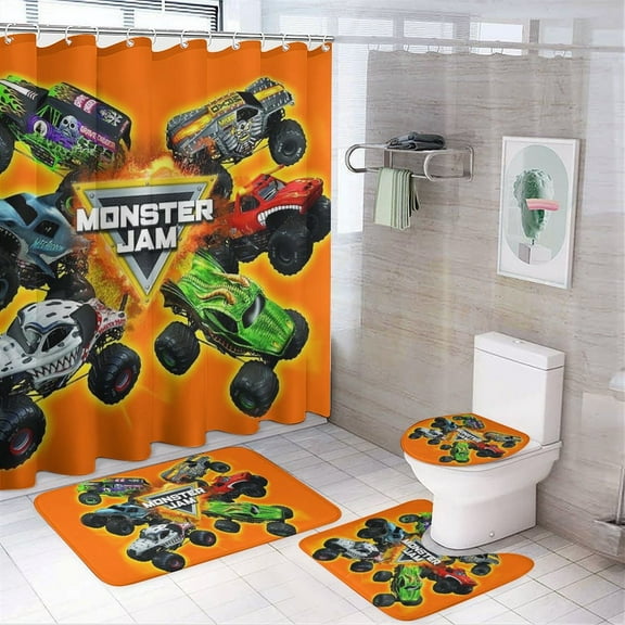 Monster Trucks Jam 4 Pcs Shower Curtain Sets Non-Slip Rugs Bath Mat Toilet Cover U Shaped Mat for Bathroom Decor Mats