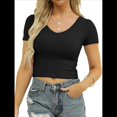 thumbnail image 1 of Camiseta Informal de Verano de Corta con Cuello en V para Mujer, de Punto Acanalado y Corte Ajustado. Negro M, 1 of 6