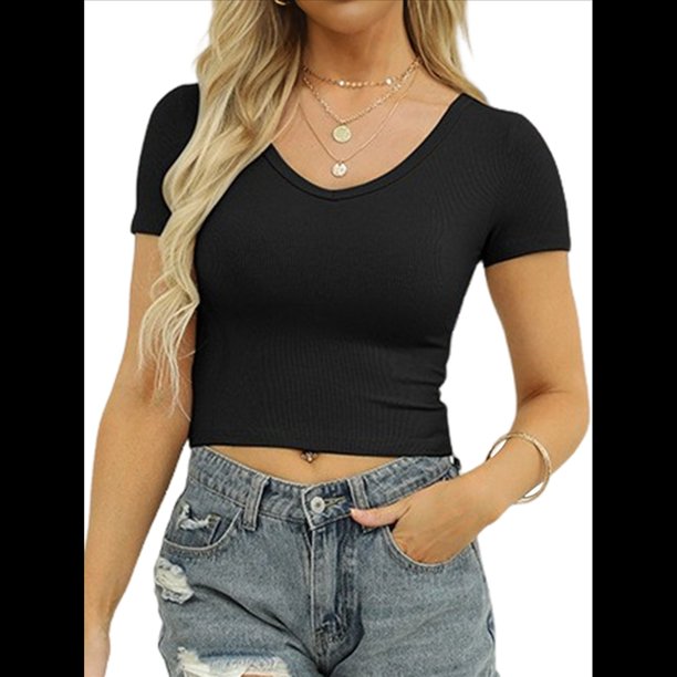 Camiseta Informal de Verano de Corta con Cuello en V para Mujer, de Punto Acanalado y Corte Ajustado. Negro L