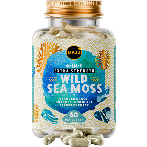 MAJU's Irish Sea Moss Capsules, 60 Count, Raw, Wildcrafted, Organic, w/ Bladderwrack Plus Burdock Root, Sebi Inspired Seamoss Pills Powder, Wild
