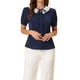 thumbnail image 1 of Blusa de lunares con volantes y lazo en el cuello en V, botones, para mujer, color azul oscuro, talla S, 1 of 5